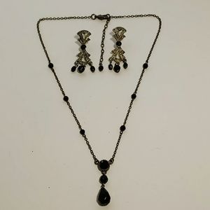 Black Beaded Necklace + Earrings